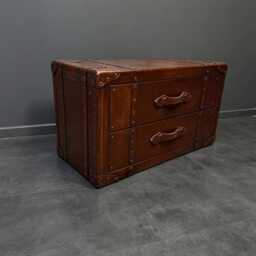 Leather Trunk Coffee Table - Chestnut 2 Drawer Chest English Handmade Hardwood - thumbnail 4