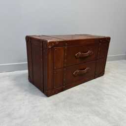 Leather Trunk Coffee Table - Chestnut 2 Drawer Chest English Handmade Hardwood - thumbnail 3