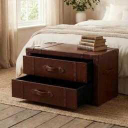 Leather Trunk Coffee Table - Chestnut 2 Drawer Chest English Handmade Hardwood - thumbnail 2