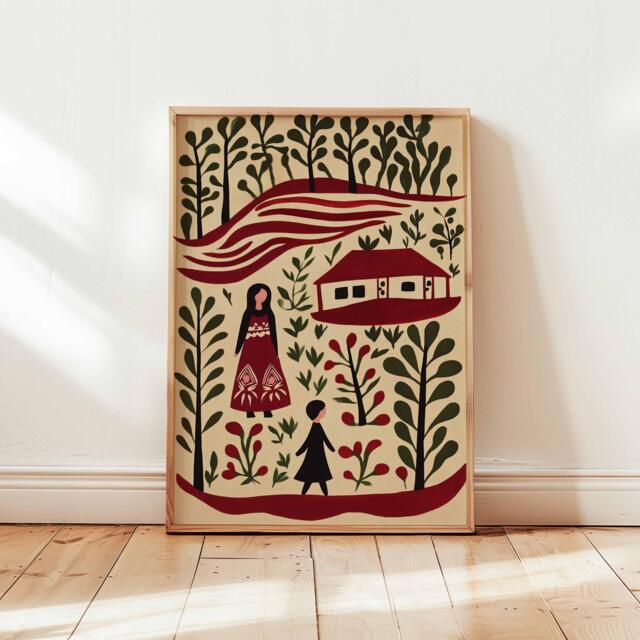 Palestine Poster, Middle East Palestinian Folk Art Print, Olive Tree Wall Art, Rural Village Decor, Cultural Posters & Prints - image 1