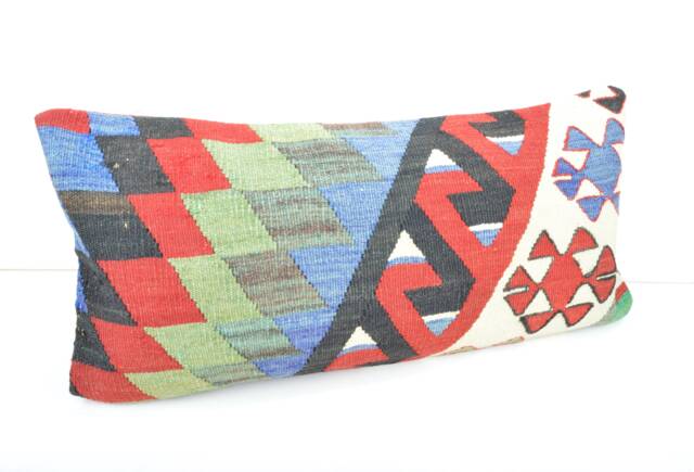 Handmade Kilim Pillow Cover, Wool Lumbar Cushion, 24x12'' - image 1