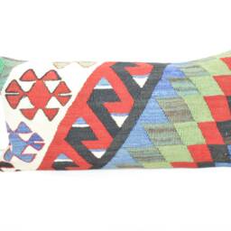 Handmade Kilim Pillow Cover, Wool Lumbar Cushion, 24x12'' - thumbnail 2