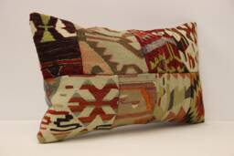 Vintage Turkish Kilim Lumbar Pillow Cover, Boho Patchwork Wool Cushion - 12x20 In