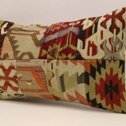 Vintage Turkish Kilim Lumbar Pillow Cover, Boho Patchwork Wool Cushion - 12x20 In - thumbnail 3