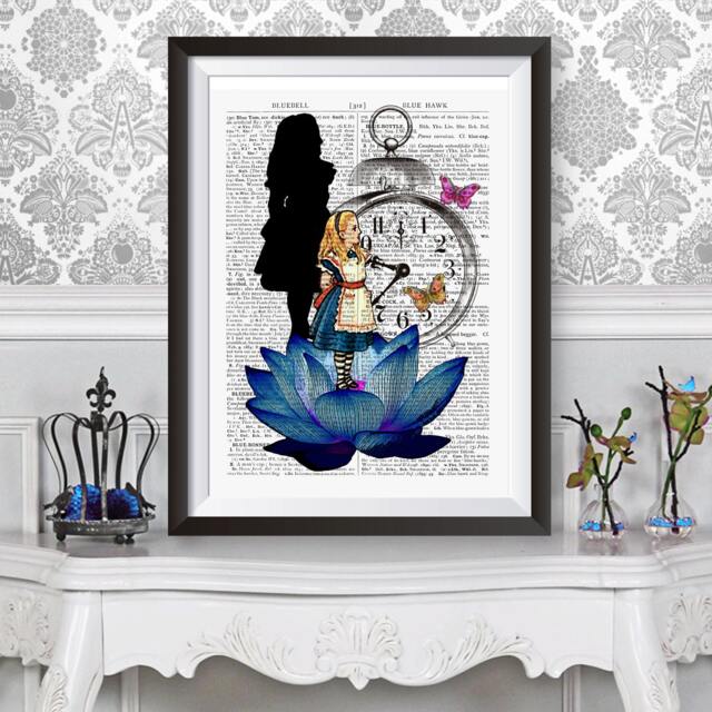 Alice in Wonderland Blue Lotus Poster, Wall Decor Lewis Carroll, Original Artwork Dictionary Book Page Background, Watch Butterlies - image 1