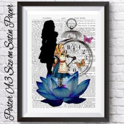 Alice in Wonderland Blue Lotus Poster, Wall Decor Lewis Carroll, Original Artwork Dictionary Book Page Background, Watch Butterlies - thumbnail 2