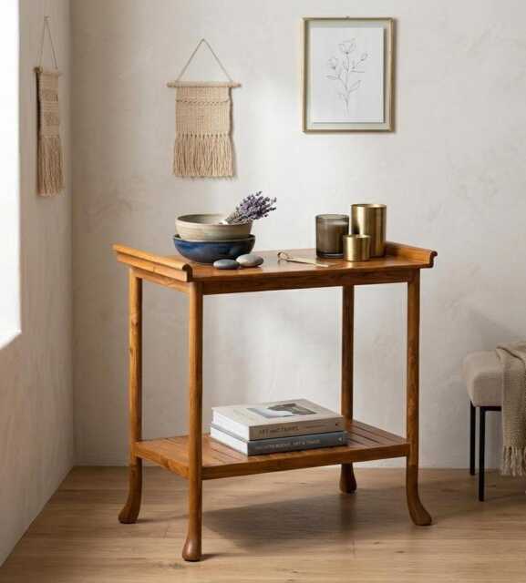 Reclaimed Teak Side Table Rustic Minimalist Entryway End Table With Shelf - image 1