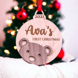 Personalised Baby's First Christmas Bauble - Wooden Teddy Bear Ornament Newborn Keepsake Gift - thumbnail 2