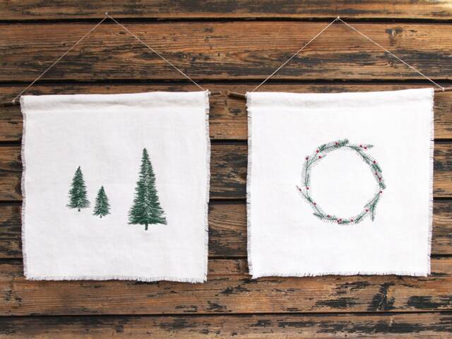 Embroidered Linen Picture Fir Trees/Christmas Wreath, Decoration For The Wall Dark Green Red, On Advent - image 1