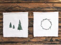 Embroidered Linen Picture Fir Trees/Christmas Wreath, Decoration For The Wall Dark Green Red, On Advent - thumbnail 1