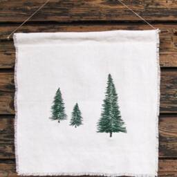 Embroidered Linen Picture Fir Trees/Christmas Wreath, Decoration For The Wall Dark Green Red, On Advent - thumbnail 2