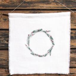 Embroidered Linen Picture Fir Trees/Christmas Wreath, Decoration For The Wall Dark Green Red, On Advent - thumbnail 3