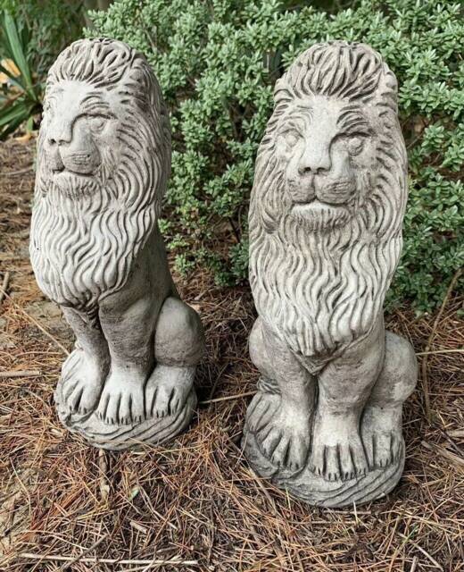 stone Garden Pair Of Tall Sitting Proud Lion Ornaments - image 1