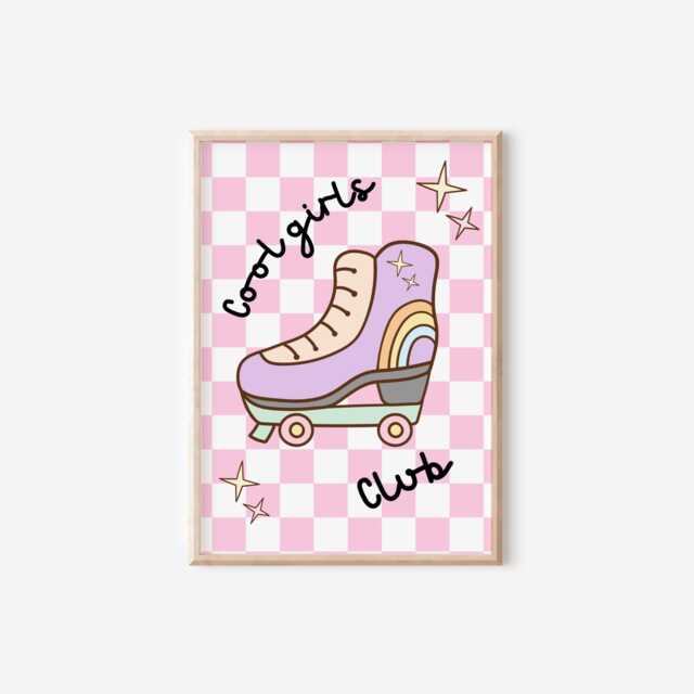 Retro Cool Girls Club Wall Print, Pastel Roller Skate Checkered Print For Childrens Bedroom Or Nursery - image 1
