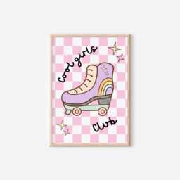 Retro Cool Girls Club Wall Print, Pastel Roller Skate Checkered Print For Childrens Bedroom Or Nursery - thumbnail 1