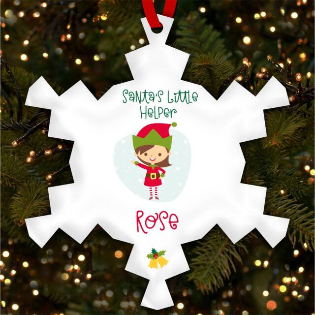Brown Hair Girl Elf Snowflake Personalised Christmas Tree Ornament Decoration