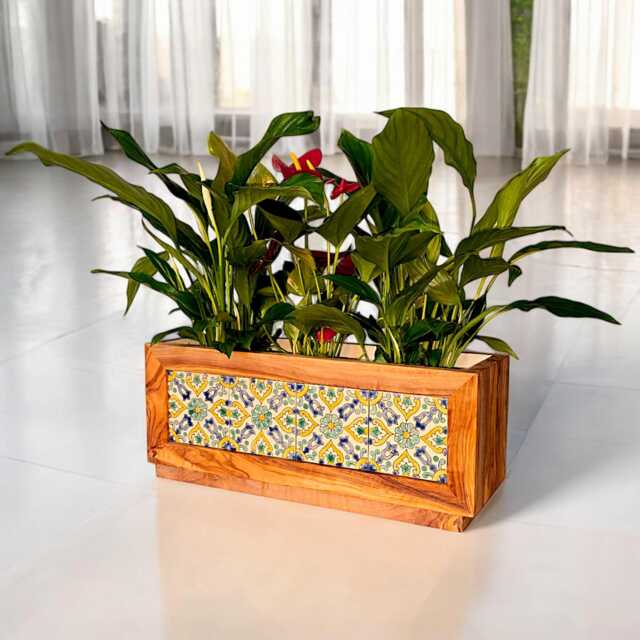 Handmade Olive Wood Planter With Ceramic Tiles Indoor/Outdoor Flower Box - image 1