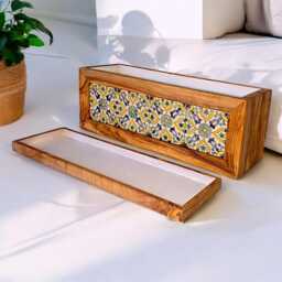 Handmade Olive Wood Planter With Ceramic Tiles Indoor/Outdoor Flower Box - thumbnail 3