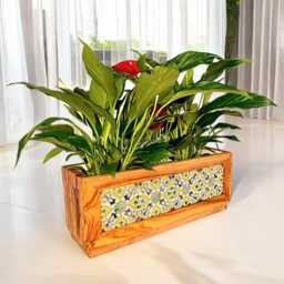 Handmade Olive Wood Planter With Ceramic Tiles Indoor/Outdoor Flower Box - thumbnail 2