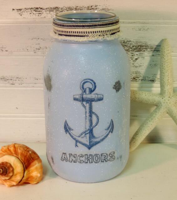 Distressed Anchor Mason Jar Candle Holder, Light Blue Beach House Decor