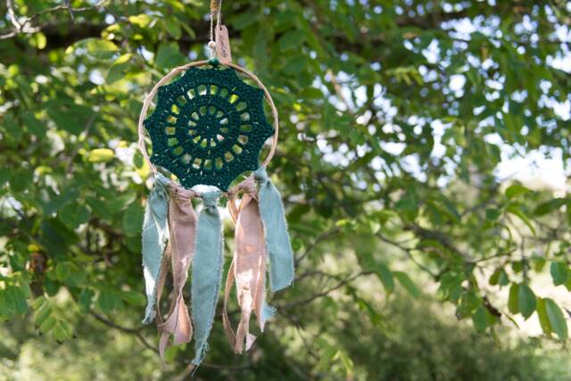 Crochet Dreamcatcher in Green Colour, Linen & Burlap Ribbons, Framed Dreamcatcher, Wall Decoration, Boho Decor - image 1