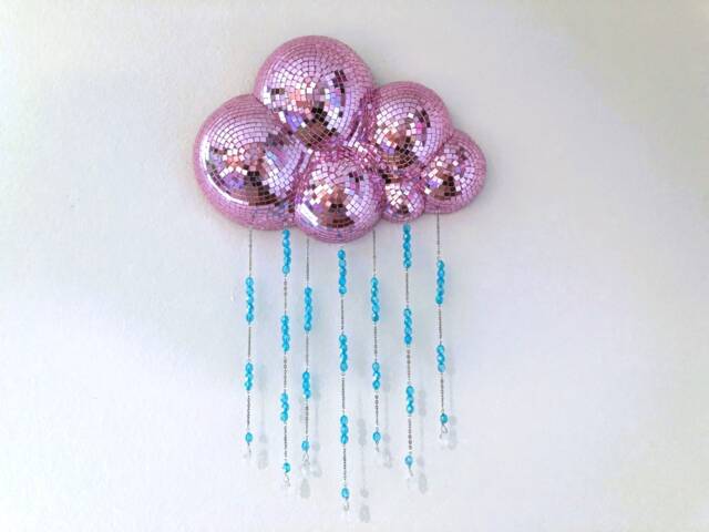 Pink Disco Rain Cloud - Beaded Mirror Wall Hanging Funky Maximalist Pop Art Dopamine Decor - image 1