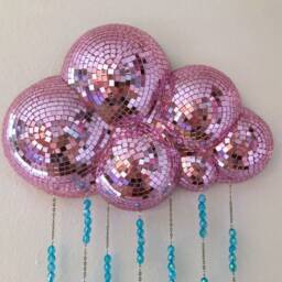 Pink Disco Rain Cloud - Beaded Mirror Wall Hanging Funky Maximalist Pop Art Dopamine Decor - thumbnail 2