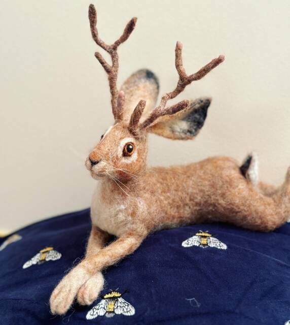 Reclining Jackalope - Ooak Wool Sculpture, Mythical Creature Art, Handmade Poseable Collector's Animal - image 1