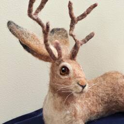 Reclining Jackalope - Ooak Wool Sculpture, Mythical Creature Art, Handmade Poseable Collector's Animal - thumbnail 2
