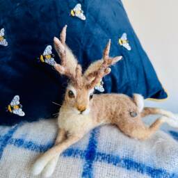 Reclining Jackalope - Ooak Wool Sculpture, Mythical Creature Art, Handmade Poseable Collector's Animal - thumbnail 4