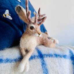 Reclining Jackalope - Ooak Wool Sculpture, Mythical Creature Art, Handmade Poseable Collector's Animal - thumbnail 3
