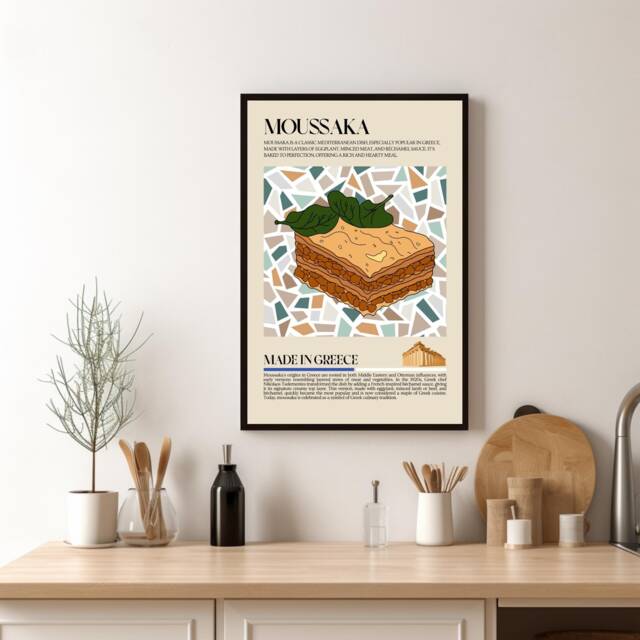 Moussaka Poster, Greek Food Print, Creece Street Food, Kitchen Retro Wall Art, Restaurant Cafe Decor - image 1