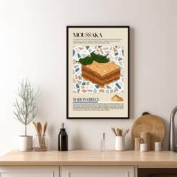 Moussaka Poster, Greek Food Print, Creece Street Food, Kitchen Retro Wall Art, Restaurant Cafe Decor - thumbnail 1