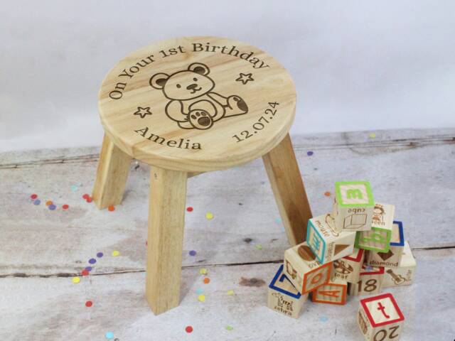 First Birthday Gift, Child's Wooden Stool, On Your 1St Chair Personalised With Name & Date, One Year Old Baby Girl/Boy Gift - image 1