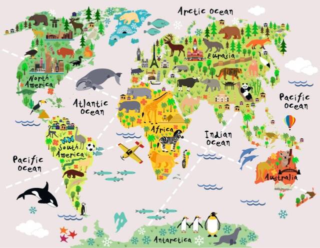 Huge Map Of The World Playroom Decal Wall Decals Kids Bedroom Boys Animal World Map W202 - image 1