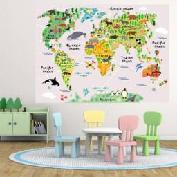 Huge Map Of The World Playroom Decal Wall Decals Kids Bedroom Boys Animal World Map W202 - thumbnail 2