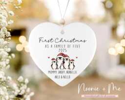 Personalised First Christmas As A Family Of 5 Bauble - Cute Penguin, New Baby, Adoption Keepsake, Tree Hanging Ornament Style11 - thumbnail 1