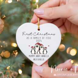 Personalised First Christmas As A Family Of 5 Bauble - Cute Penguin, New Baby, Adoption Keepsake, Tree Hanging Ornament Style11 - thumbnail 2