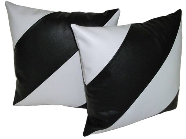 2 Black & White Dual Stripe Faux Leather Cushion Covers 40cm 46cm - image 1