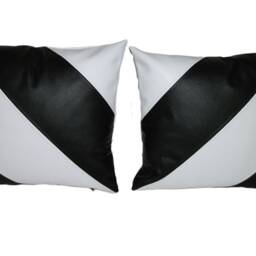 2 Black & White Dual Stripe Faux Leather Cushion Covers 40cm 46cm - thumbnail 3