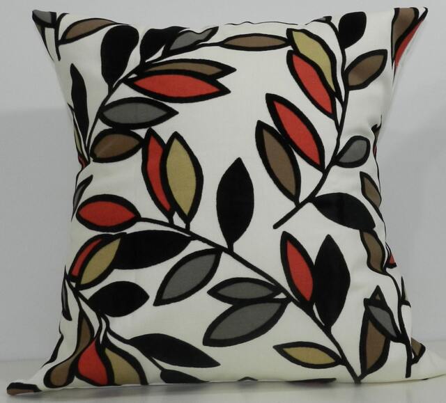 New 18x18 Inch Designer Handmade Pillow Case Red, Brown, Grey & Black Leaves On Cream