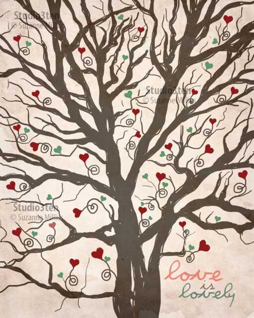 Love Is Lovely Print, Valentine House Warming Art For New Home Buyer, Warming, Tree With Hearts, Heart in Tree, Feb 14 - image 1