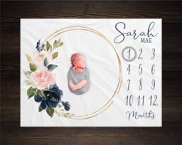 Girl Milestone Blanket Personalized Monthly Growth Tracker Custom Baby Shower Gift For New Mom Watercolor Floral Newborn Nursery