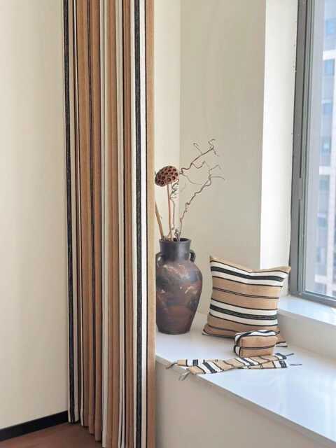 4 Colors, A Pair Of Tan Striped Chenille Curtains, Custom Curtain Panel, Living Room Custom Made, Divider - image 1