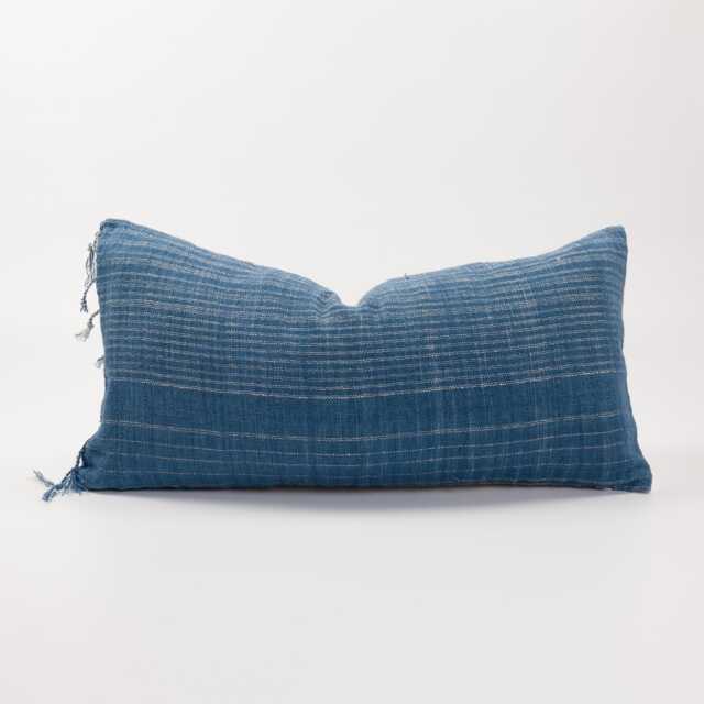 Woven Blue Striped Lumbar Pillow With Tassels, Ethnic Throw Cushion - image 1