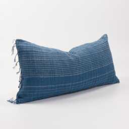 Woven Blue Striped Lumbar Pillow With Tassels, Ethnic Throw Cushion - thumbnail 3