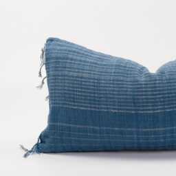 Woven Blue Striped Lumbar Pillow With Tassels, Ethnic Throw Cushion - thumbnail 2
