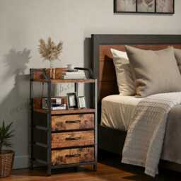 Modern Black Fabric Drawer Nightstand With Open Shelf & Metal Frame, 3 Unit - thumbnail 3
