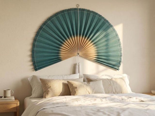 Teal Bamboo Wall Fan, Boho Headboard Decor, Gradient Half Circle Fan With Tassel, Asian Woven Art, Giant Folding Housewarming Gift - image 1