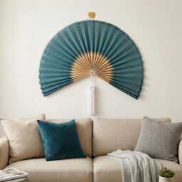 Teal Bamboo Wall Fan, Boho Headboard Decor, Gradient Half Circle Fan With Tassel, Asian Woven Art, Giant Folding Housewarming Gift - thumbnail 3